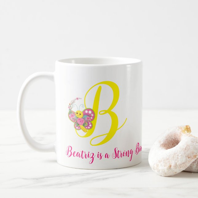 Caneca De Café Butterfly - Letra B Floral Mug (Com Donut)