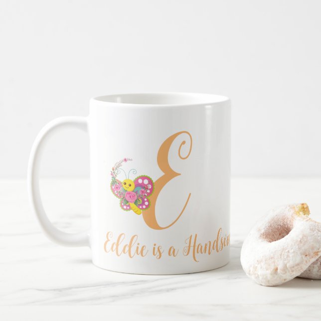 Caneca De Café Butterfly - Letra E Floral Mug (Com Donut)