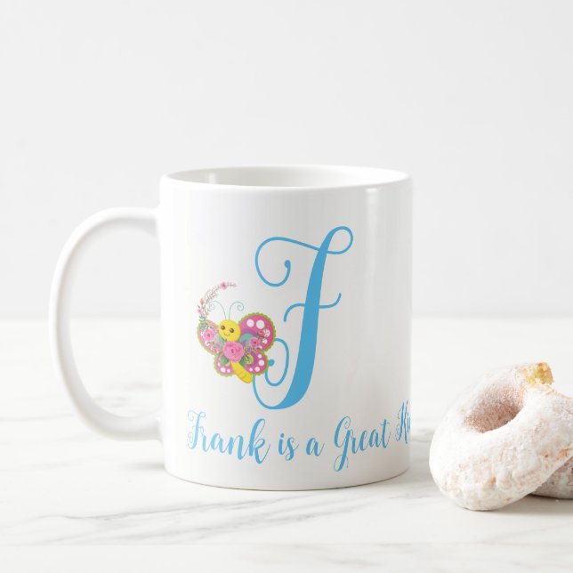 Caneca De Café Butterfly - Letra F Floral Mug (Com Donut)