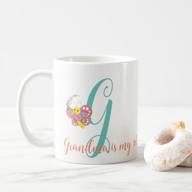 Caneca De Café Butterfly - Letra G Floral Mug (Com Donut)