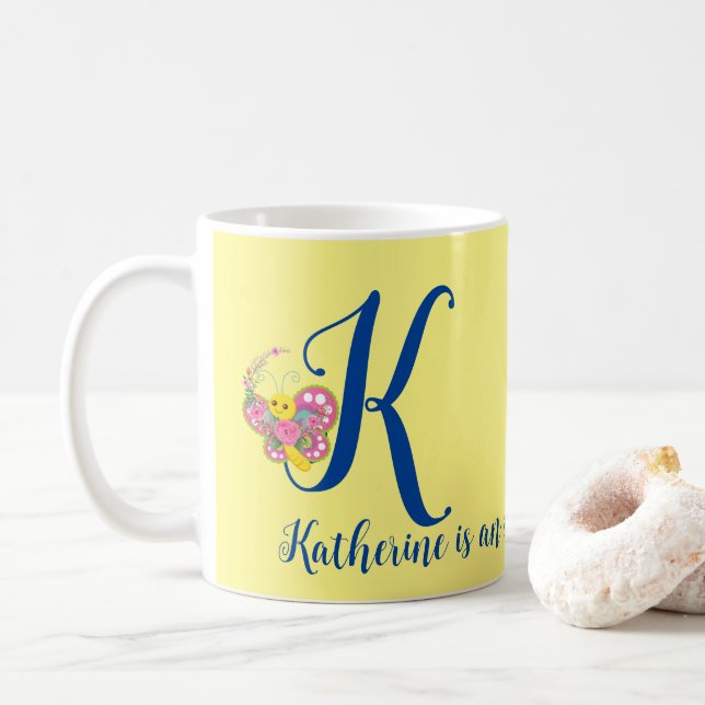 Caneca De Café Butterfly - Letra K Floral Mug (Com Donut)