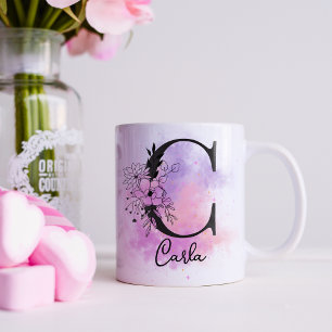 Caneca De Café C de Monograma Preto Floral Rosa Roxo