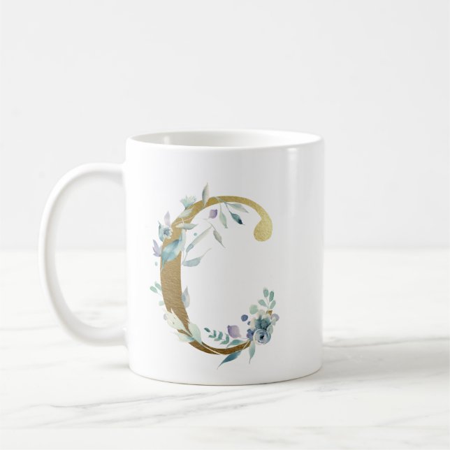 Caneca De Café C inicial de ouro com folhagem floral azul (Esquerda)