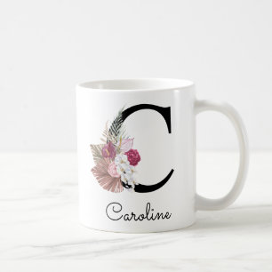 Caneca De Café C inicial floral moderno rosa Boho feminino