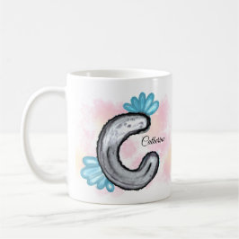 Caneca De Café C Letra de Aquarela Floral Azul
