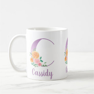 Caneca De Café C Monograma Cor Floral Púrpura Personalizada