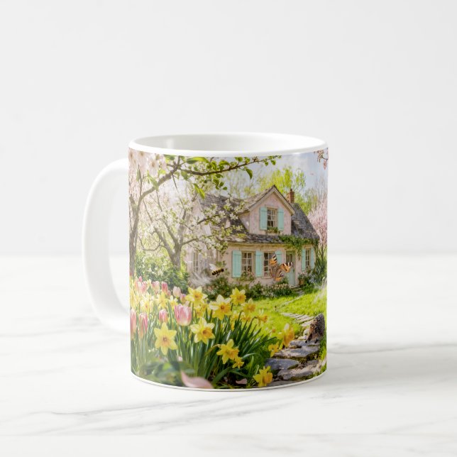 Caneca De Café Cabana de Primavera com Abelhas, Ouriço e Flores e (Frente Esquerda)