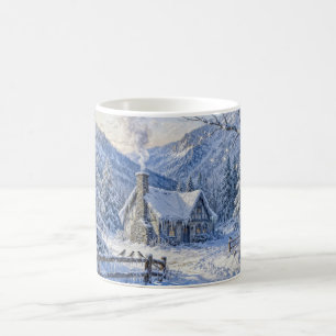 Caneca De Café Cabana na Montanha Nevada com Fumaça e Pinheiros P