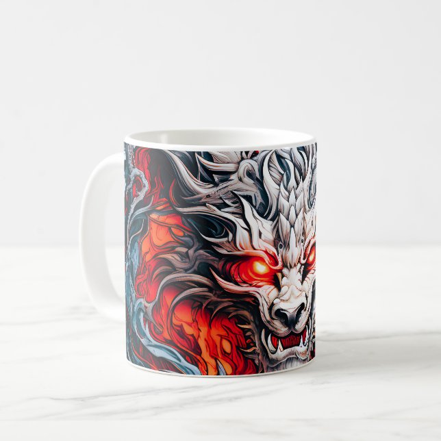 Caneca De Café Cabeça de Dragão Mítico com Chama Vermelha de Fogo (Frente Esquerda)