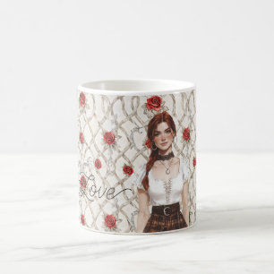 Caneca De Café Cabelo Vermelho Feminino Rosas Falso Madeira Flora