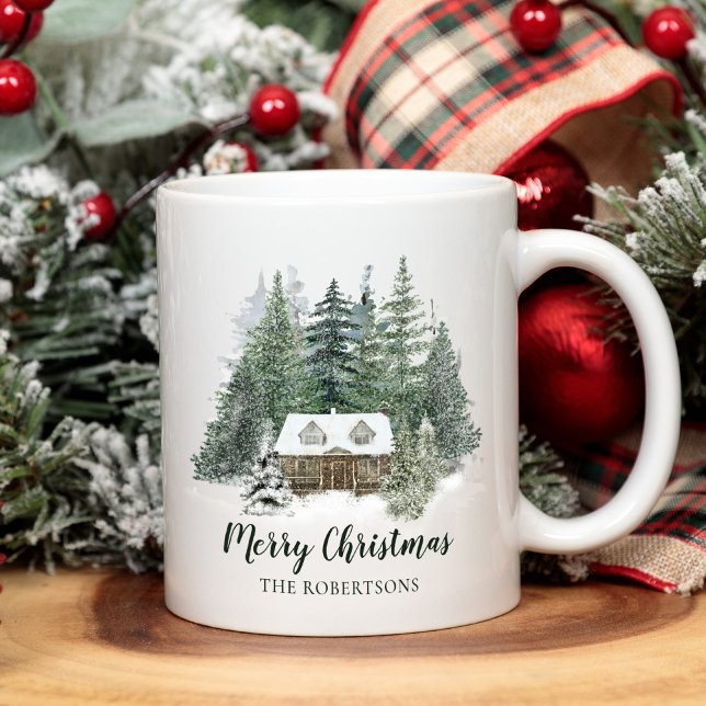 Caneca De Café Cabina de Woodland de Natal Russo (Criador carregado)