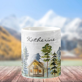 Caneca De Café Cabine de Montanha Floresta Rústica Aquarela Monog
