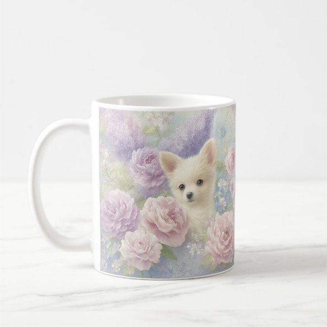 Caneca De Café cachorrinho branco fofo com flores (Esquerda)