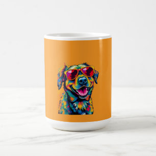 Caneca De Café Cachorro Abstrato Colorido com Óculos de Sol