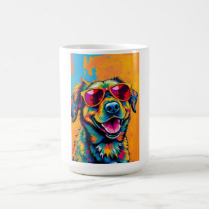 Caneca De Café Cachorro Abstrato Colorido com Óculos de Sol