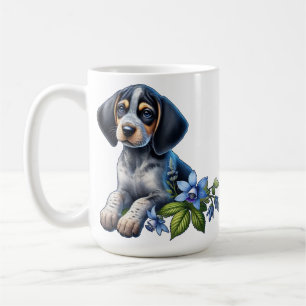 Caneca De Café Cachorro Azul de Caça com Flores Azuis Delicadas