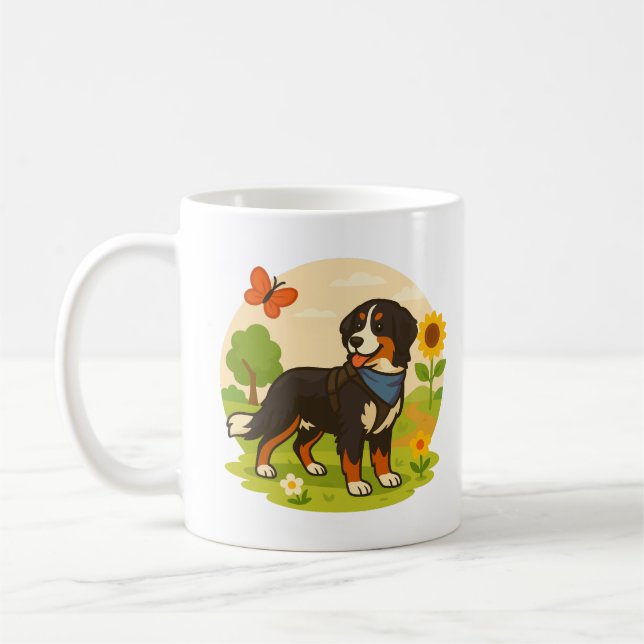 Caneca De Café Cachorro Bernês Fofo com Girassol e Manteiga (Esquerda)