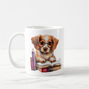 Caneca De Café Cachorro Bonito em Livros com Óculos