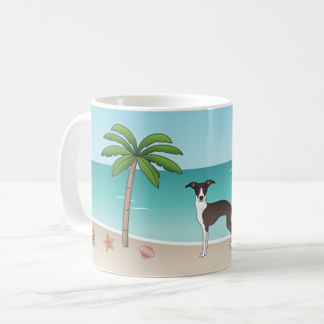 Caneca De Café Cachorro Branca E Selo Na Praia Tropical De Verão (Frente Esquerda)