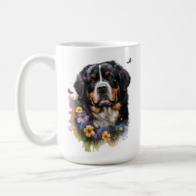 Caneca De Café Cachorro-branco Bernese Mountain Dog com flores (Esquerda)