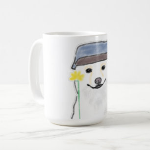 Caneca De Café Cachorro Branco Fofo Usando Chapéu Segurando Flor