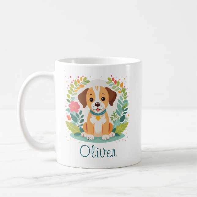 Caneca De Café Cachorro Cachorrinho Floral Fofo  (Esquerda)