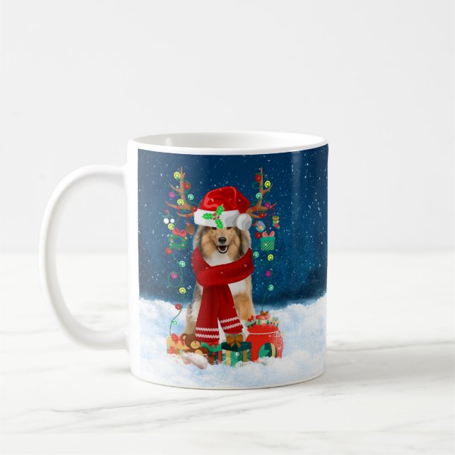 Caneca De Café Cachorro Collie em Neve com presentes de Natal (Esquerda)