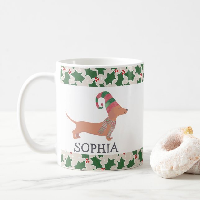 Caneca De Café Cachorro Dachshund Natal (Com Donut)