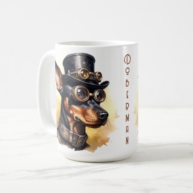Caneca De Café Cachorro Doberman Pinscher Steampunk (Frente Esquerda)