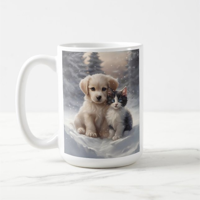 Caneca De Café Cachorro e Kitten na neve (Esquerda)