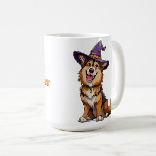 Caneca De Café Cachorro Feliz Usando um Chapéu de Bruxa