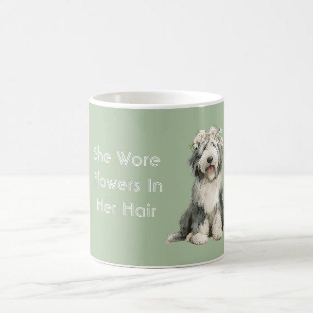 Caneca De Café Cachorro Flores Brancas Cinzas Verdes  (Centro)
