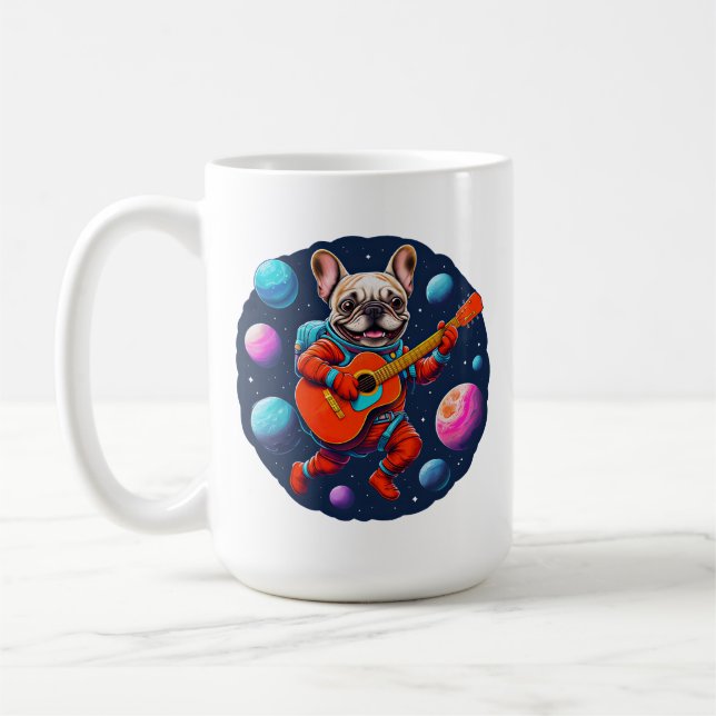 Caneca De Café Cachorro Francês Bonito Astronauta Tocando Guitarr (Esquerda)