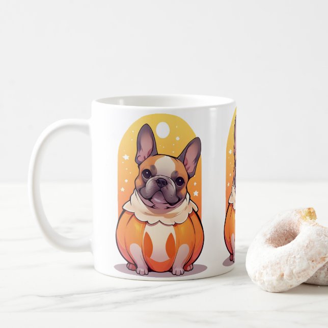 Caneca De Café Cachorro francês bonito de halloween Pumpkin (Com Donut)