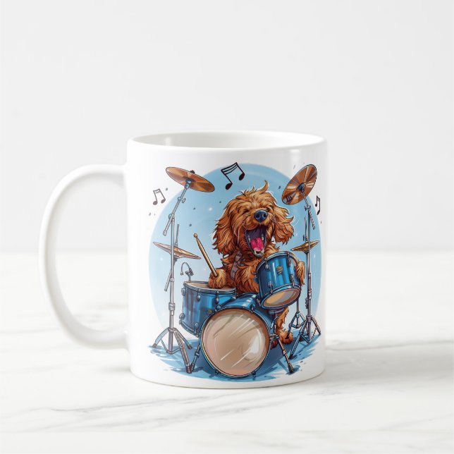 Caneca De Café Cachorro Goldendoodle Tocando Bateria (Esquerda)