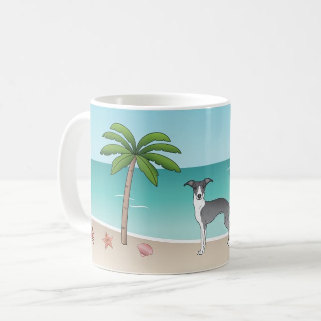 Caneca De Café Cachorro Iggy Azul e Branco numa Praia Tropical de (Frente Esquerda)