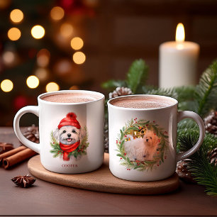 Caneca De Café Cachorro Maltês de Natal com Aquarela