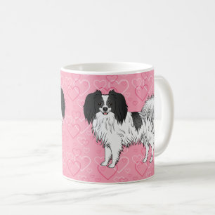 Caneca De Café Cachorro Phalène Preto e Branco Feliz em Corações 