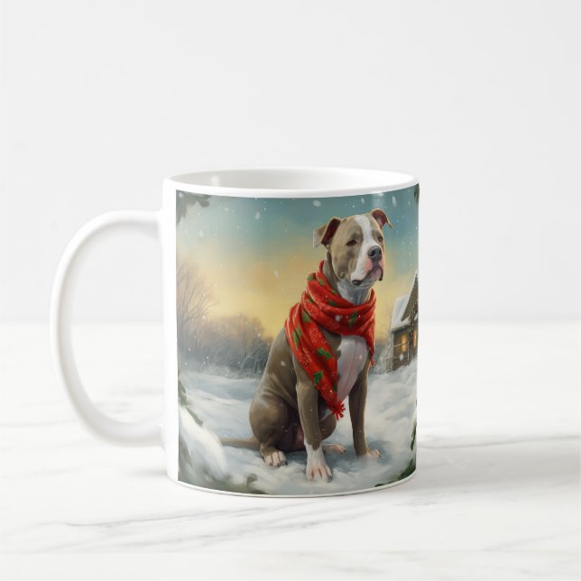 Caneca De Café Cachorro Pitbull na Neve Natal (Esquerda)