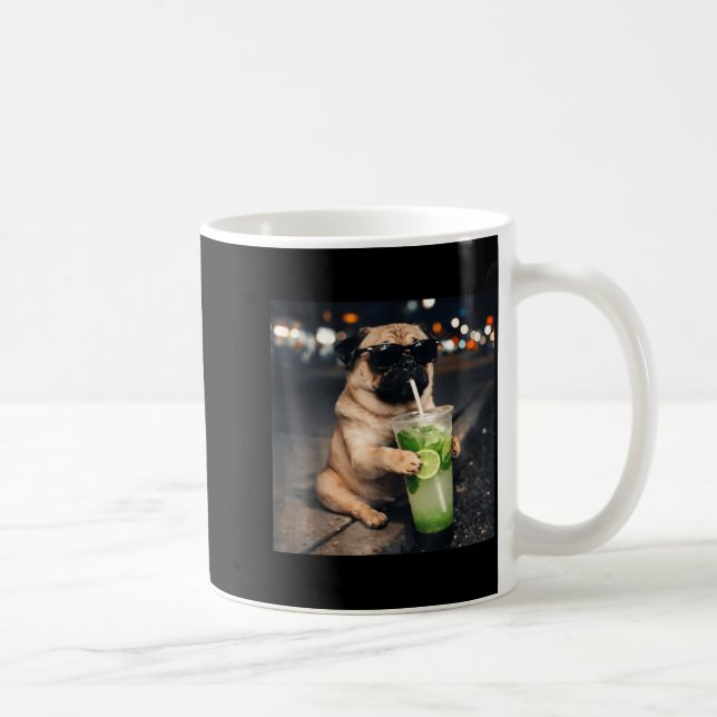 Caneca De Café Cachorro pug engraçado bebendo mojito lima menta  (Direita)