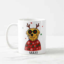 Caneca De Café Cachorro Retriever Dourado Galhadas & Óculos de Es