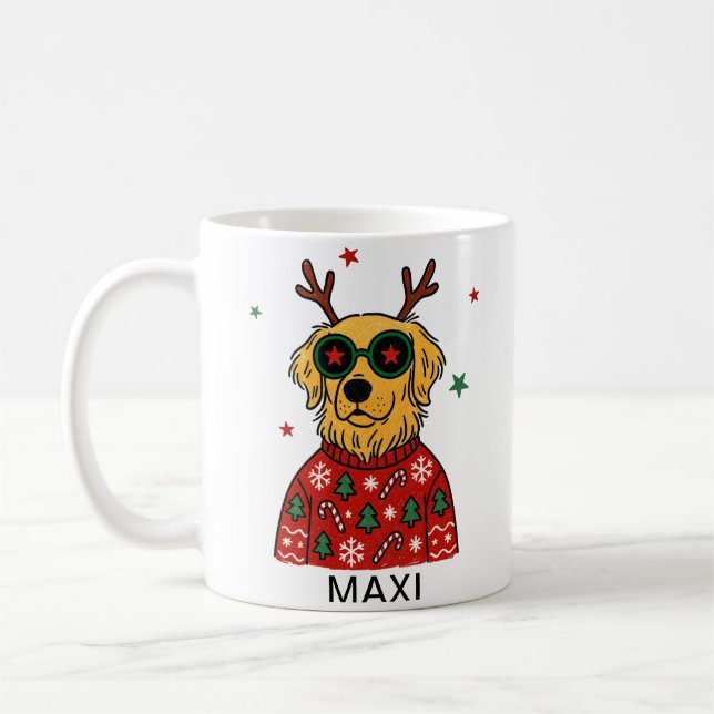 Caneca De Café Cachorro Retriever Dourado Galhadas & Óculos de Es (Esquerda)