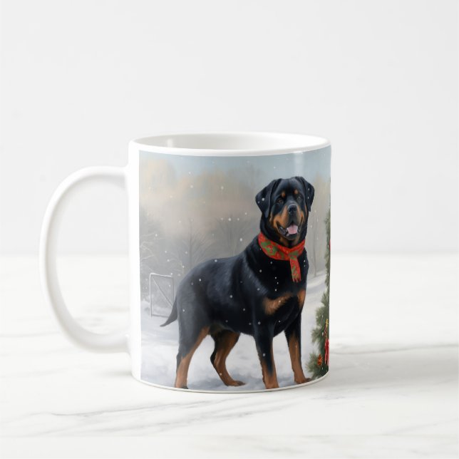 Caneca De Café Cachorro Rottweiler na Neve Natal (Esquerda)