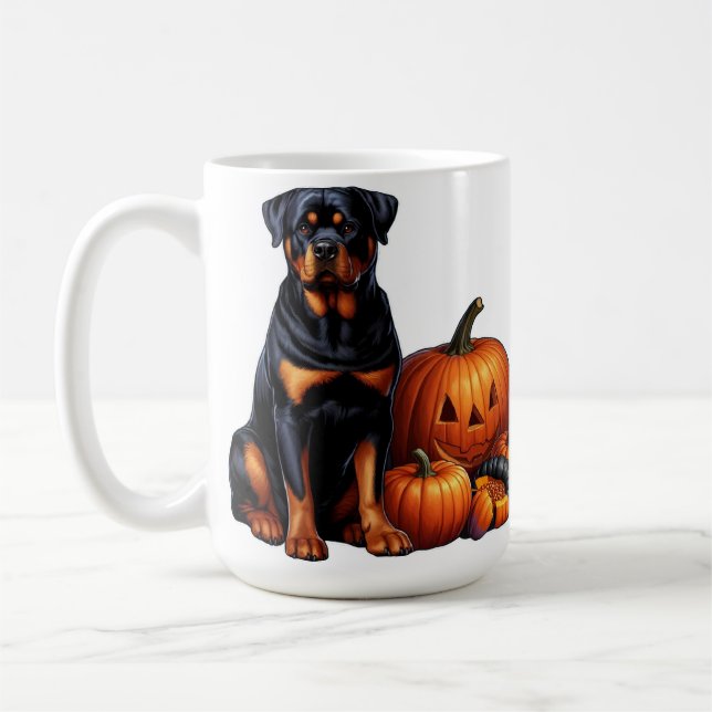 Caneca De Café Cachorro Rottweiler Sentado ao Lado de Abóboras de (Esquerda)