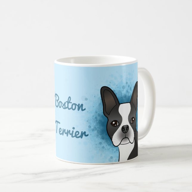 Caneca De Café Cachorro Terrier Preto Boston de Frente em Azul &  (Frente Esquerda)