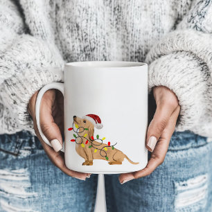 Caneca De Café Cachshund Cachorro Bonito Luzes de Natal e Chapéu