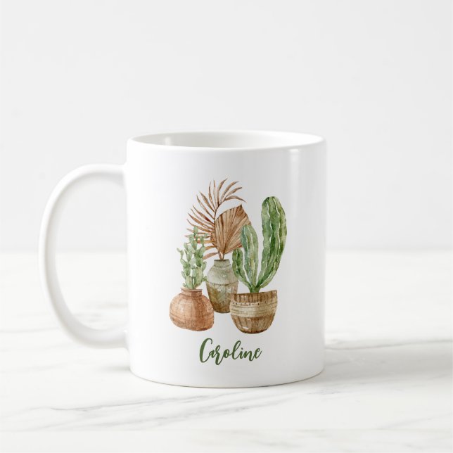 Caneca De Café Cacto de Aguarela Boho Planta Pampas Personalizado (Esquerda)