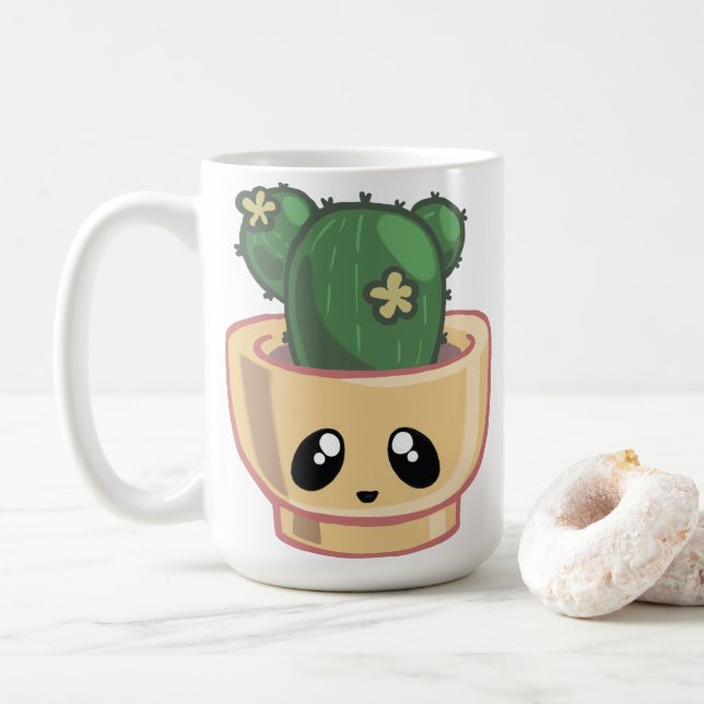 Caneca De Café Cacto Kawai Verde Suculenta Aquarela Planta (Com Donut)