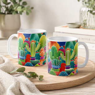 Caneca De Café Cactos em Vasos Abstratos
