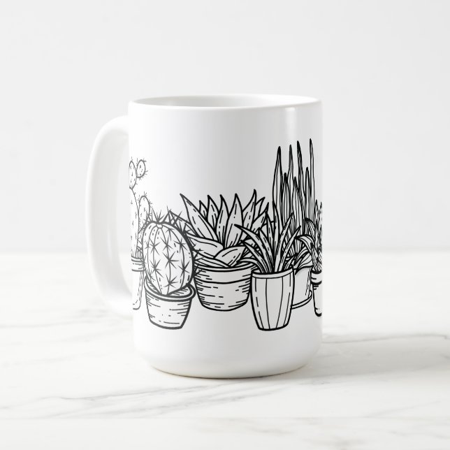 Caneca De Café Cactos em Vasos Mínimos – Botânica Tinta Preta (Frente Esquerda)